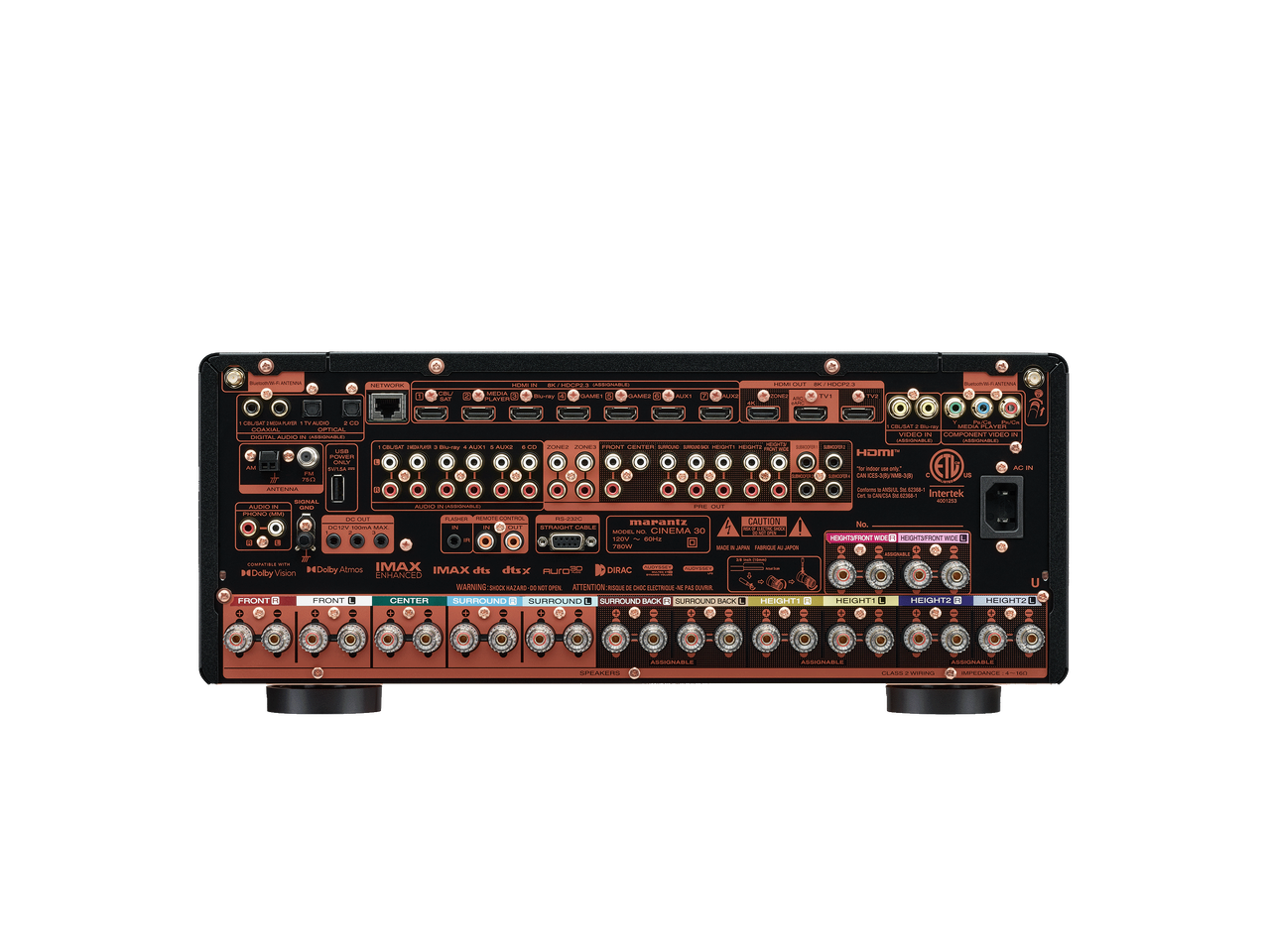 Back panel of Marantz AV 8805 with HDMI, speaker, and audio connections.
