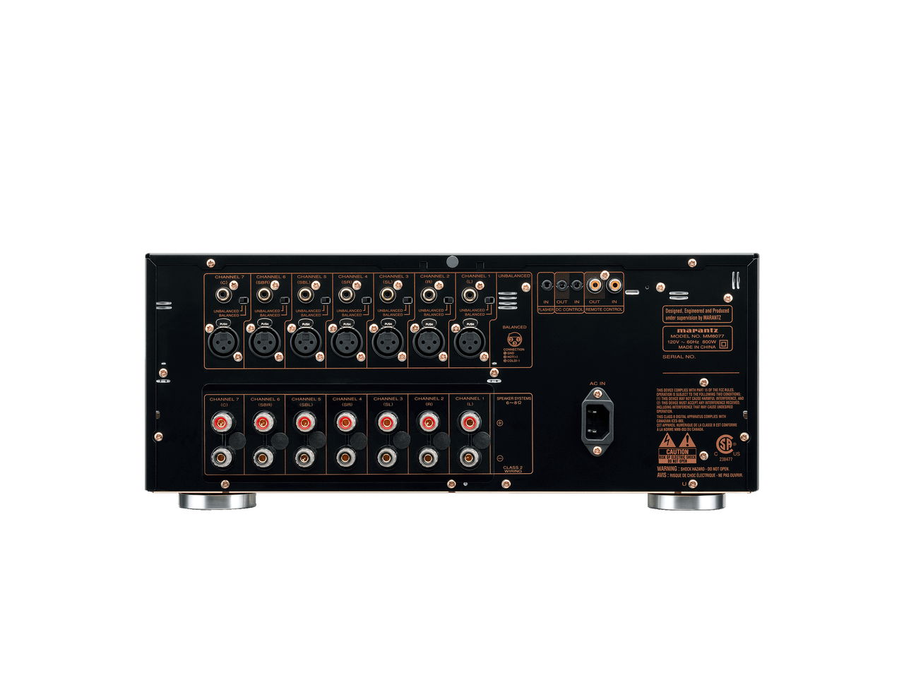 Back panel of Marantz MM 8077 with XLR and RCA connections visible.