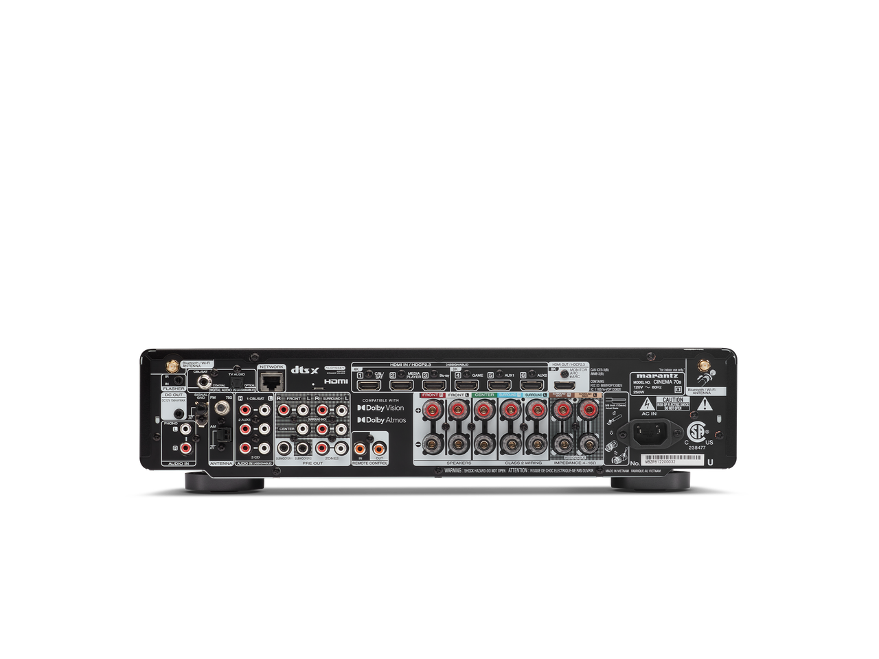 “Back view of Marantz Cinema 70s Receiver showing HDMI, audio, and speaker connection ports.”