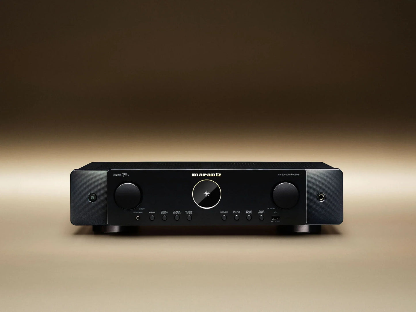 Front view of Marantz Cinema 70s Receiver showing display and control knobs