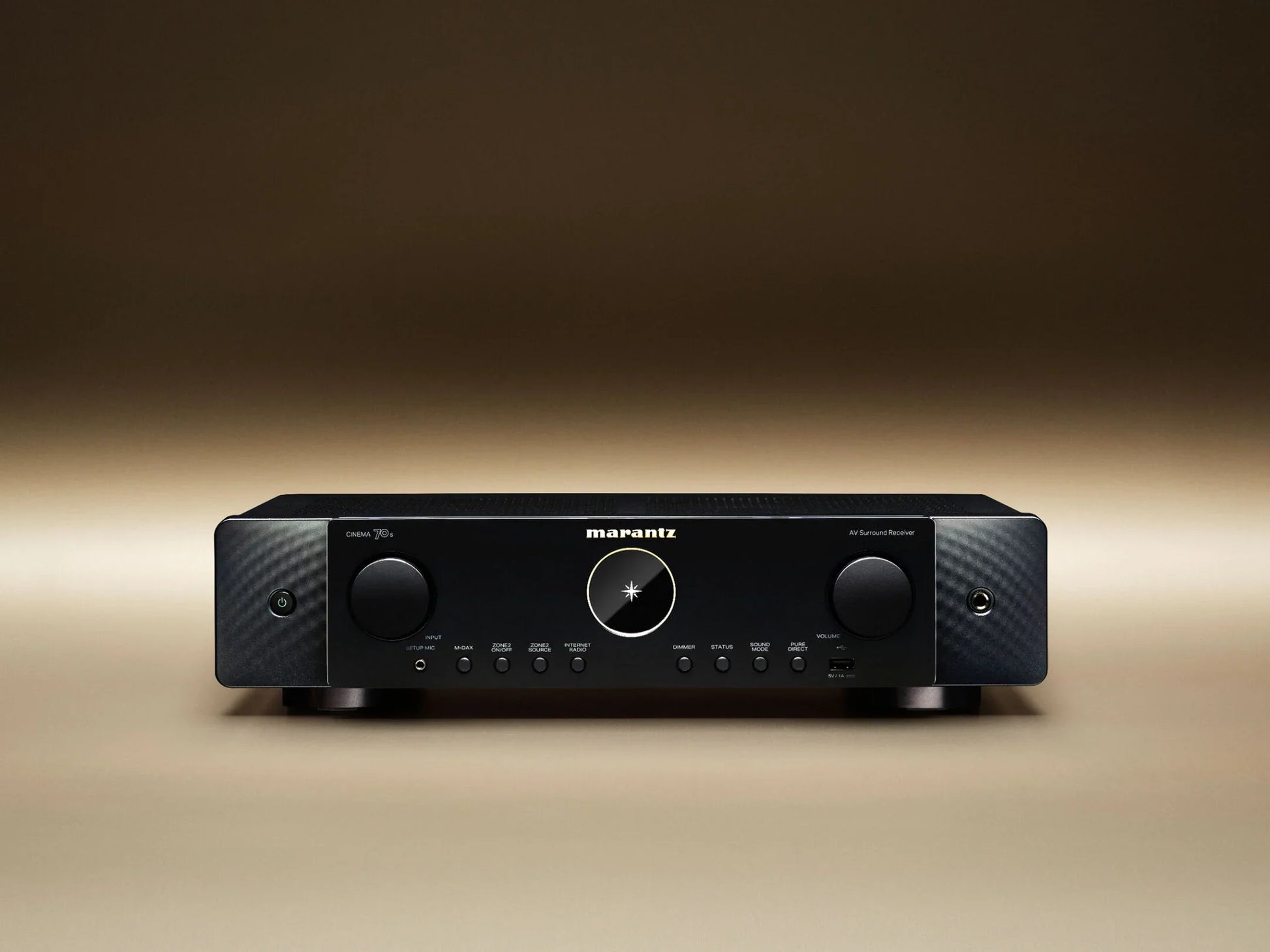 Front view of Marantz Cinema 70s Receiver showing display and control knobs