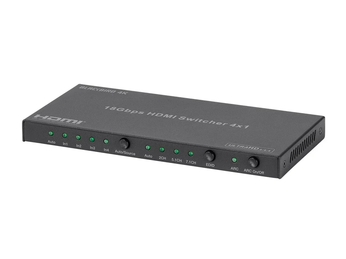 Blackbird 4K HDMI Switch, 4x1, HDR, 18G, 4K@60Hz, YCbCr 4:4:4, HDCP 2.2, Toslink & Analog Audio Extractor