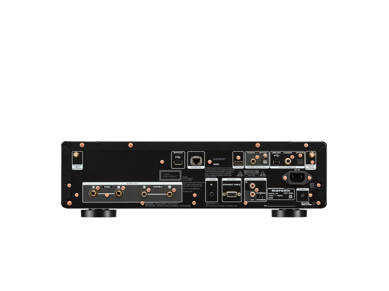 Back panel of Marantz CD-50n with HEOS, USB, and optical connection ports visible