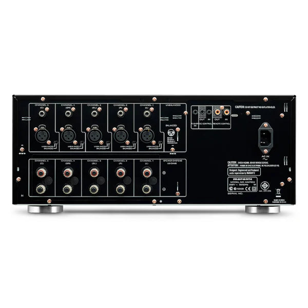 “Back panel of Marantz MM7055 with speaker terminals and input options”