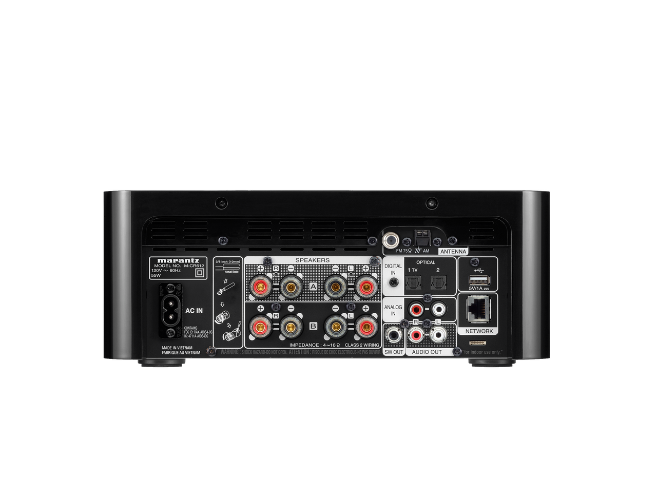 Back panel of marantz m-cr 612, showing speaker terminals, input and output connections