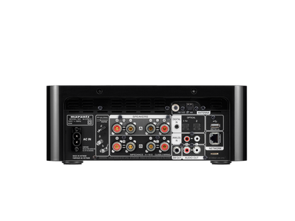 Back panel of marantz m-cr 612, showing speaker terminals, input and output connections