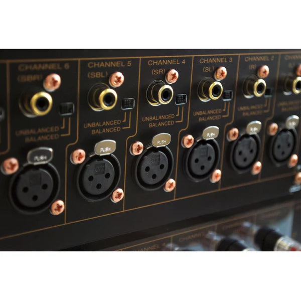 “Back side view of Marantz MM8077 - 7 Channel Power Amplifier showing input and output connections”