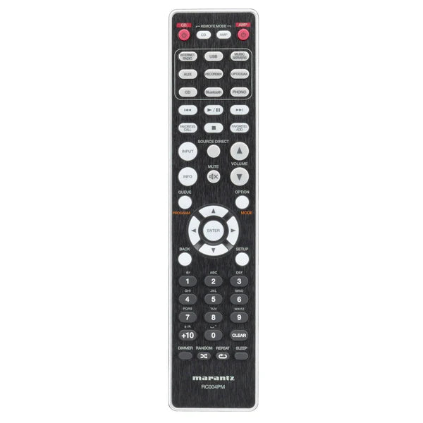 Close-up of Marantz PM7000N remote control with volume and input buttons