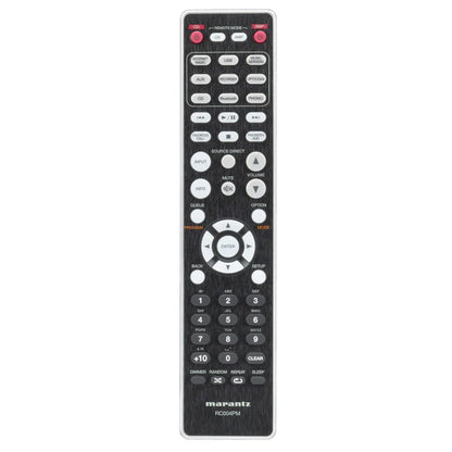 Close-up of Marantz PM7000N remote control with volume and input buttons