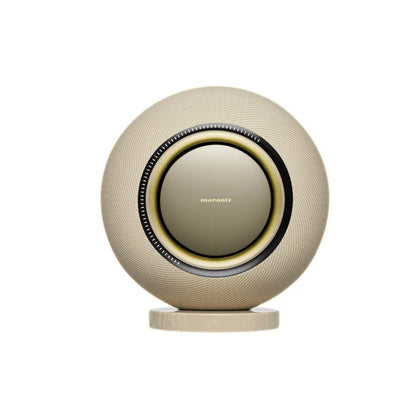 Front view displaying elegant Champagne finish and speaker drivers.