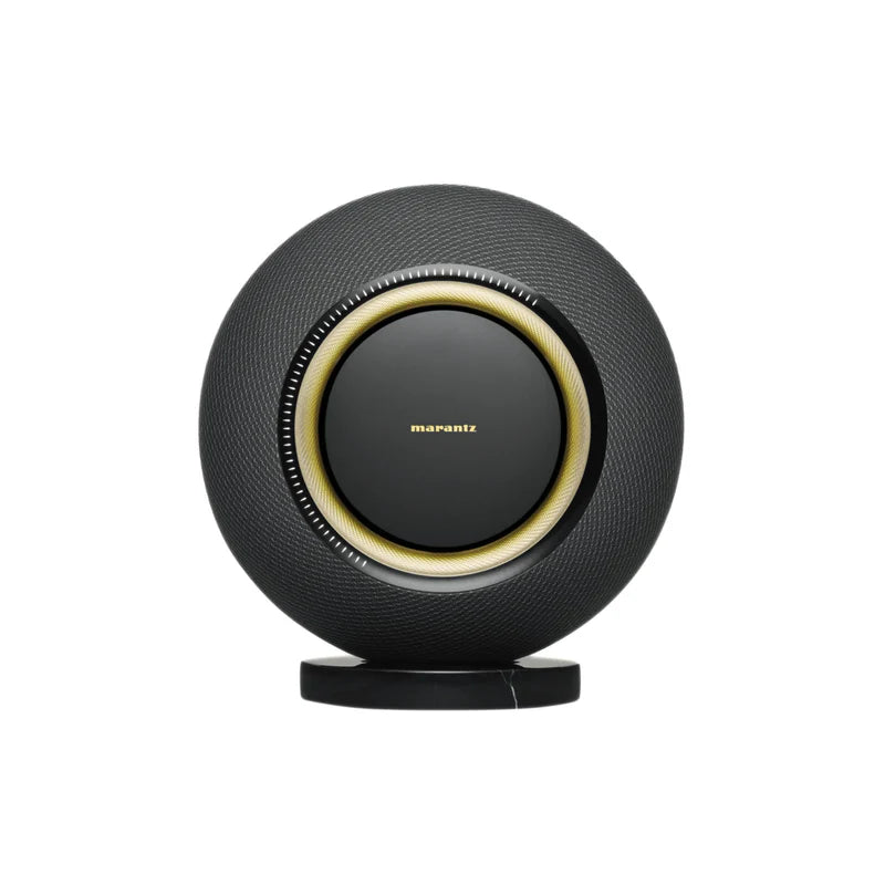 Front view of Black Marantz Horizon Wireless Speaker showing drivers and sleek design.