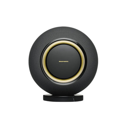 Front view of Black Marantz Horizon Wireless Speaker showing drivers and sleek design.