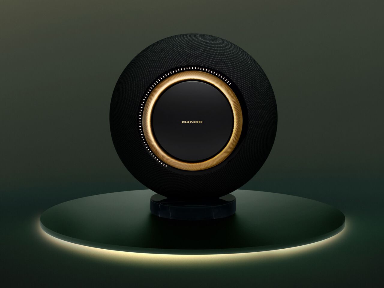 Front view of Marantz Grand Horizon Wireless Speaker showing drivers and compact design.