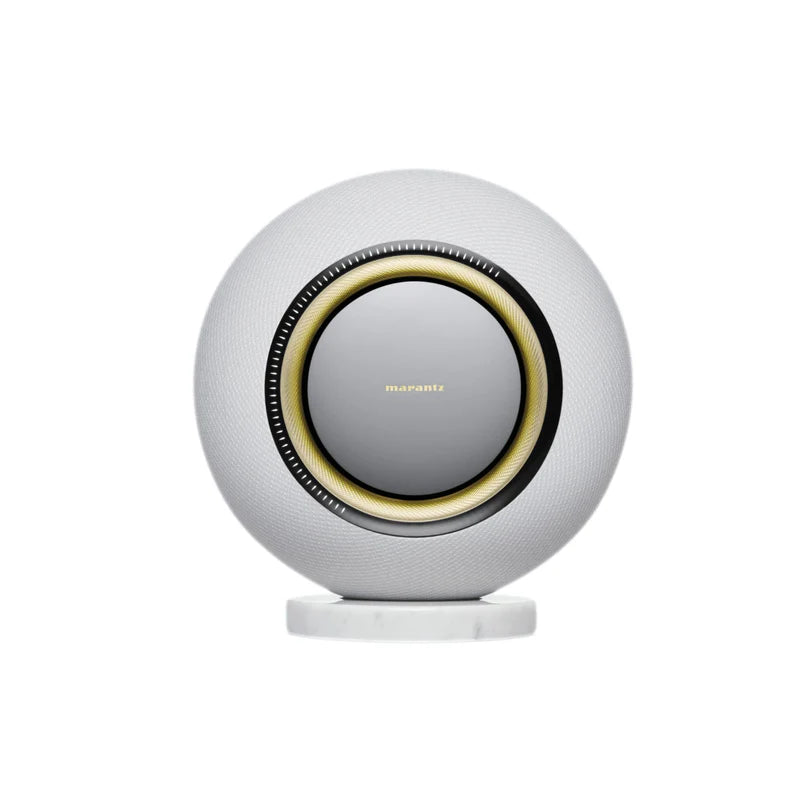 Front view of Moon Ray Marantz Grand Horizon Wireless Speaker showing drivers and sleek design.