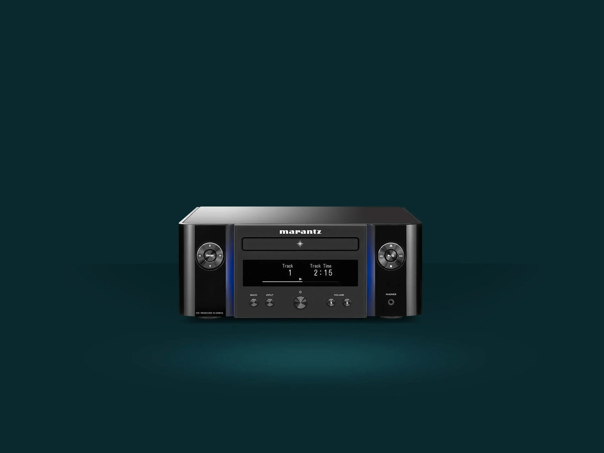 Front view of marantz m-cr 612 compact Hi-Fi system, sleek black finish