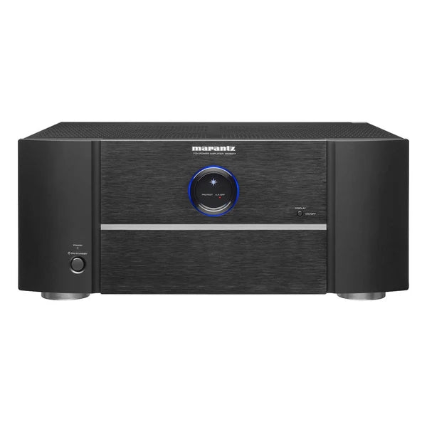 “Marantz MM8077 - 7 Channel Power Amplifier front view with sleek black finish and LED display”