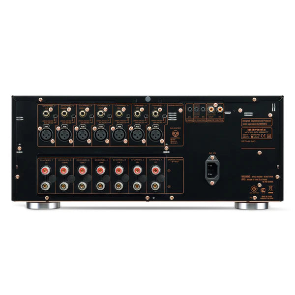 “Rear panel of Marantz MM8077 - 7 Channel Power Amplifier with multiple inputs and outputs”