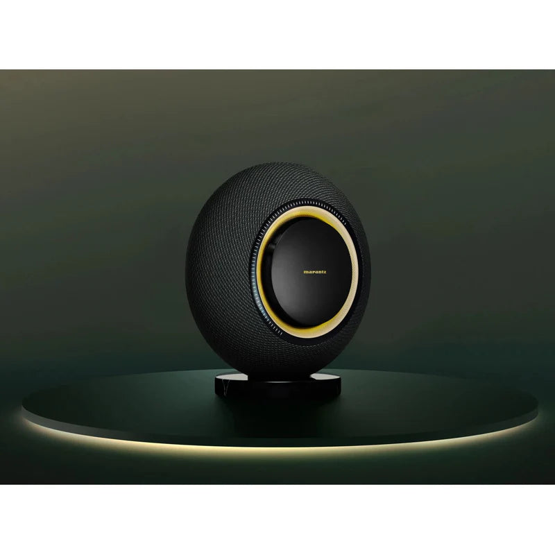 Side angle of Black Marantz Horizon Wireless Speaker highlighting controls and frame.