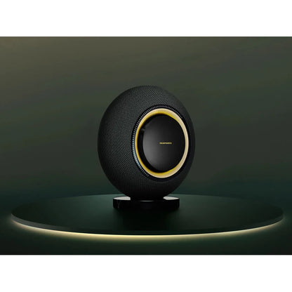 Side angle of Black Marantz Horizon Wireless Speaker highlighting controls and frame.